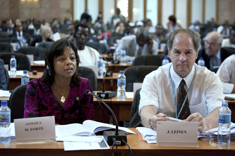 Φωτογραφία 28: Marlene Malahoo Forte from Jamaica, left, and Jo Leinnen from Germany, attend the meeting of the Comitee on Economic Development, Finance and Trade to the 20th ACP-EU Joint Parliamentary Assembly in Kinshasa on December 3, 2010. Senator, Marlene Malahoo Forte is the Minister of State in the Ministry of Foreign Affair and Foreign Trade, Jamaica, with special responsibility for Foreign Trade and Diaspora & Consular Affairs.