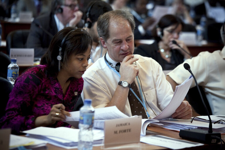 Φωτογραφία 26: Marlene Malahoo Forte from Jamaica, left, and Jo Leinnen from Germany, attend the meeting of the Comitee on Economic Development, Finance and Trade to the 20th ACP-EU Joint Parliamentary Assembly in Kinshasa on December 3, 2010. Senator, Marlene Malahoo Forte is the Minister of State in the Ministry of Foreign Affair and Foreign Trade, Jamaica, with special responsibility for Foreign Trade and Diaspora & Consular Affairs.