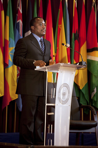 Joseph Kabila, President of the Democratic Republic of Congo, addresses the officials at the formal opening of the 20th ACP-EU Joint Parliamentary Assembly in Kinshasa on December 2, 2010.