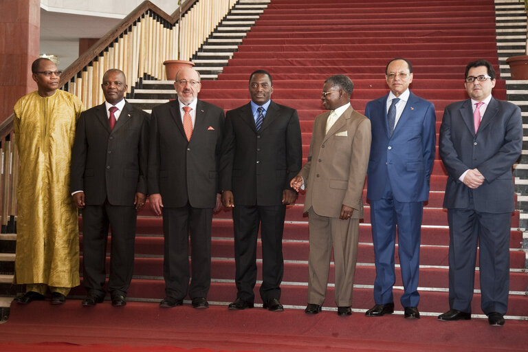 From left: Dr. Mohamed Chambas from Ghana, Secretary General of the ACP group, Evariste Boshab, Speaker of the National Assembly of the Democratic Republic of Congo, Louis Michel, Co-President of the ACP-EU Joint Parliamentary Assembly, Joseph Kabila, President of the Democratic Republic of Congo, David Matongo, Co-President of the ACP-EU Joint Parliamentary Assembly, and Leon Kengo Wa Dondo, President of the Senat of the Democratic Republic of Congo, pose for family picture at the opening of the 20th ACP-EU Joint Parliamentary Assembly in Kinshasa on December 2, 2010.