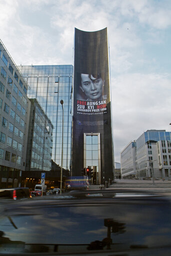 The portrait and the name of detained Aung San Suu Kyi, 1990 Sakharov Prize laureate, are displayed on the EP building in Brussels