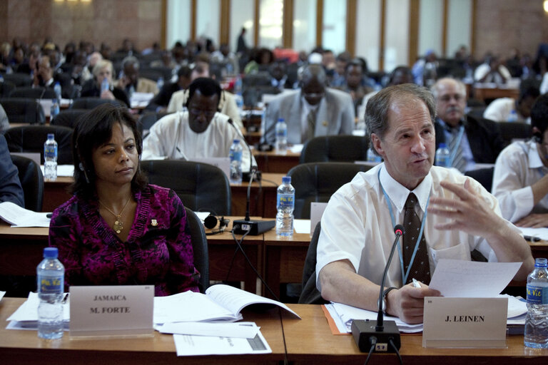 Φωτογραφία 27: Marlene Malahoo Forte from Jamaica, left, and Jo Leinnen from Germany, attend the meeting of the Comitee on Economic Development, Finance and Trade to the 20th ACP-EU Joint Parliamentary Assembly in Kinshasa on December 3, 2010. Senator, Marlene Malahoo Forte is the Minister of State in the Ministry of Foreign Affair and Foreign Trade, Jamaica, with special responsibility for Foreign Trade and Diaspora & Consular Affairs.