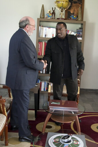 Louis Michel, left, Co-President of the ACP-EU Joint Parliamentary Assembly shakes hands with Joseph Kabila, President of the Democratic Republic of Congo in the President residence during the 20th ACP-EU Joint Parliamentary Assembly in Kinshasa on December 3, 2010.