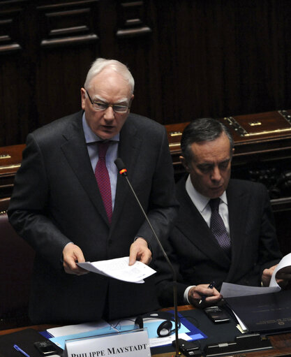 Foto 17: President of the EIB Philippe Maystadt speaks during of the 7th plenary session of the Parlamentary assembly of the Union for the mediterranean at Italian Chambers of Deputies at Palazzo Montecitorio on March 4, 2011in Rome.