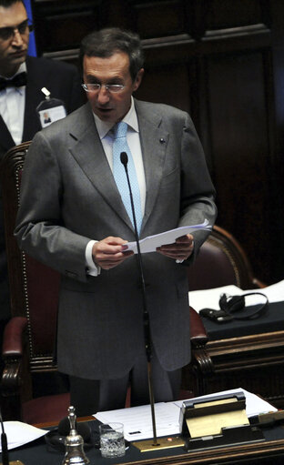 Foto 20: President of the Italian Chamber of Deputies Gianfranco Fini speaks during of the 7th plenary session of the Parlamentary assembly of the Union for the mediterranean at Italian Chambers of Deputies at Palazzo Montecitorio on March 4, 2011in Rome.