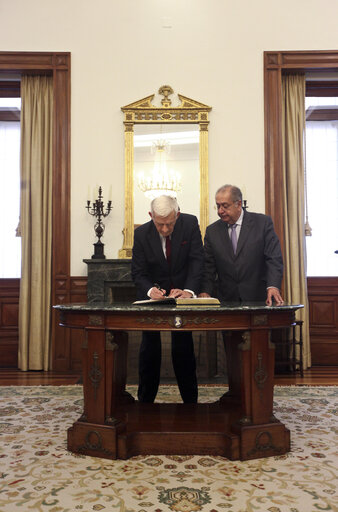 Fotagrafa 47: President of the European Parliament Jerzy Bruzek, on the left, visits with Portuguese Parliament's President Jaime Gama, on the right, the Pal·cio de S„o Bento, the Parliament building in Lisbon on February 17, 2011.