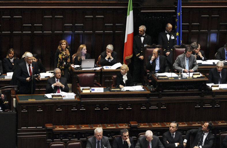 Foto 9: European Parliament President Jerzy Buzek speaks during of the 7th plenary session of the Parlamentary assembly of the Union for the mediterranean at Italian Chambers of Deputies at Palazzo Montecitorio on March 4, 2011in Rome.