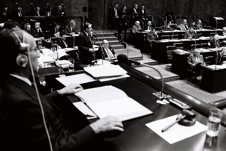 Hans-Dietrich GENSCHER, Minister for Foreign Affairs of the Federal Republic of Germany and President in Office of the Council of the European Communities, during the plenary session from December 11 to 15, 1978, in Luxembourg.