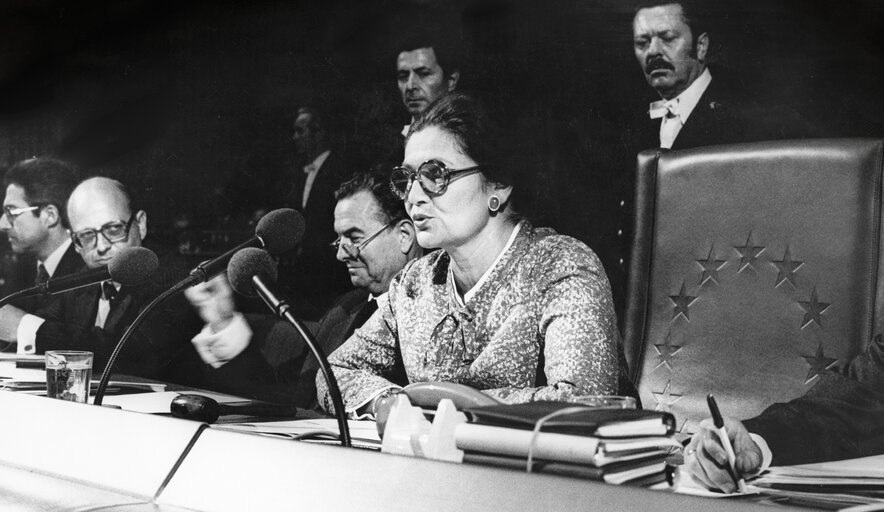 Simone VEIL, President of the European Parliament in the Strasbourg hemicycle in July 1979