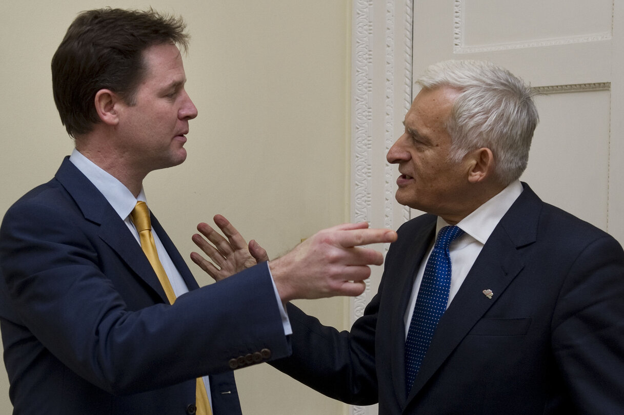 Jerzy Buzek (R), the president of the European Parliament, meets British Deputy Prime Minister and leader of the Liberal Democrat Party, Nick Clegg, at his office in Whitehall, London, on December 06, 2010.