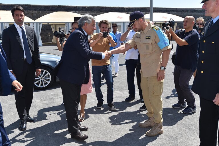 Official visit of the President of the European Parliament to Italy.  ITALY, Catania - Antonio Tajani  President of the European Parliament visiting Catania and Pozzallo, on Friday, August 25 2017  AFP PHOTO/GIOVANNI ISOLINO