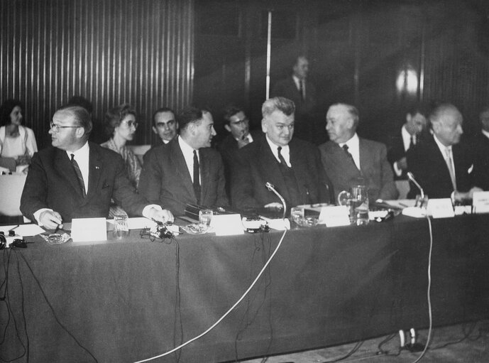 Fernand DEHOUSSE, Marinus JANSSENS, Hans FURLER  and Emilio BATTISTA during a session in Brussels, Belgium, June 20 1960.