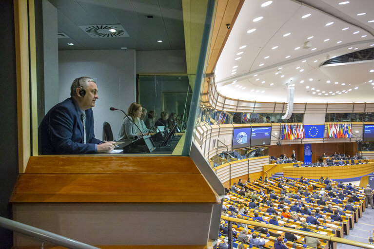 Interpreter in action at the EP in Brussels during plenary session