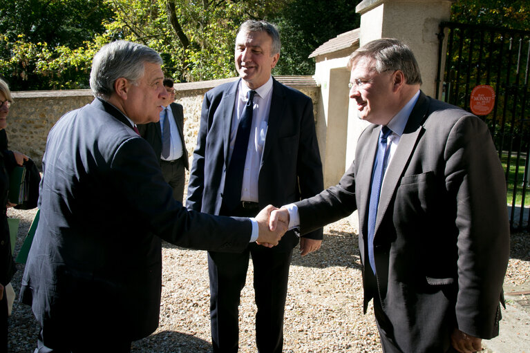 Maurice Braud, president of Jean Moulin's museum on the left and Pilippe Leguen, director of Jean Monet Muséum on the right with Antonio Tajani, President of the European Parliament at the European Parliament Bureau Away Days in la maison de Jean Monnet, Bazoches-sur-Guyonne