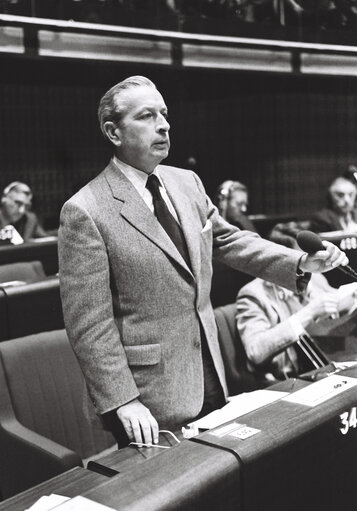 The MEP Olivier d'ORMESSON during a session in the hemicycle of Strasbourg in November 1979.