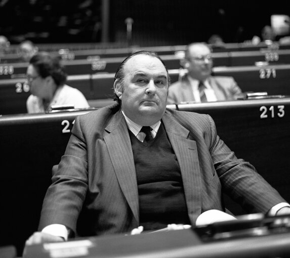 The MEP Roger FAJARDIE during a session in Strasbourg in July 1981.