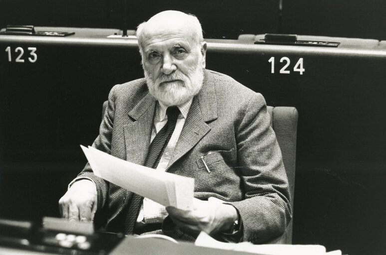 The MEP Altiero SPINELLI during a Plenary session in Strasbourg on February 14, 1984.