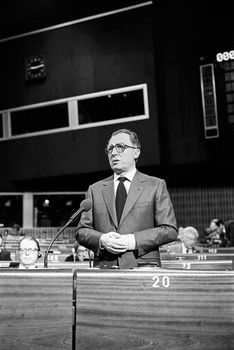 The President of the European Commission Jacques DELORS during a session in Strasbourg in March 1985.