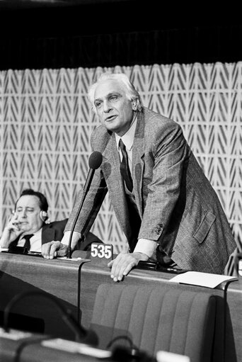 MEP Marco PANNELLA during a session in Strasbourg in April 1986.