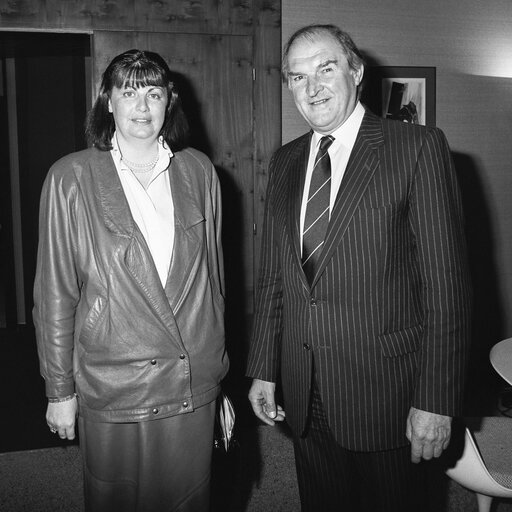 Lord PLUMB - EP president meets with Maire GEOGHEGAN-QUINN, Irish Minister of State at the European Parliament in Strasbourg in May 1987