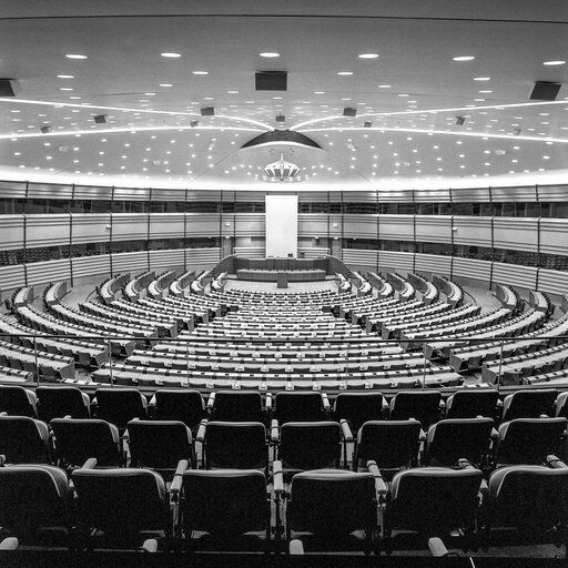 View of the empty Hemicycle at the EP in Brussels