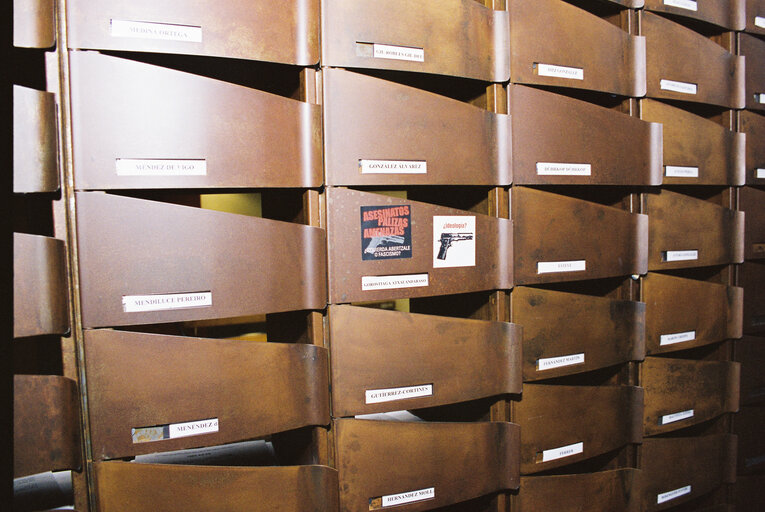 Stickers with guns are displayed on the letter box of MEP Koldo GOROSTIAGA ATXALANDABASO in Strasbourg