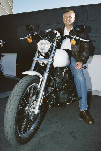 The MEP Hans-Peter MAYER during a motorbikers meeting outside the EP in Strasbourg in July 2001.