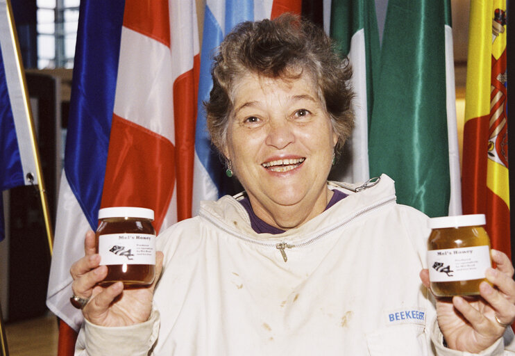 MEP Mel Read presenting her self-made honey