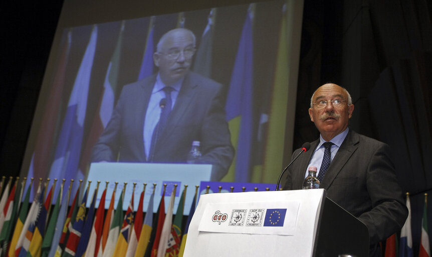 Hungarian Foreign Minister, President-in-Office of the European Council Janos Martonyi delivers his speech during the plenary session of the ACP-EU Joint Parliamentary Assembly