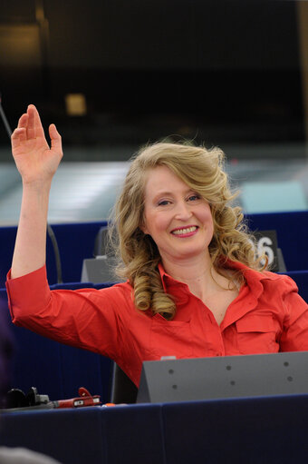 Judith A. MERKIES during the votes in plenary session week 11 2014 in Strasbourg