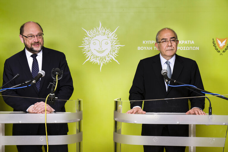 Joint press statements of Yiannakis OMIROU President of the House of Representatives and Martin Schulz - EP President in the Cyprus Parliament.