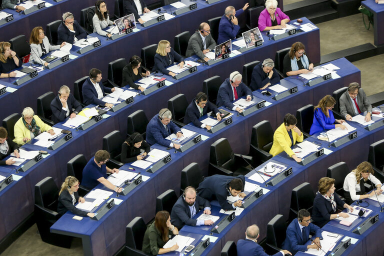 Stockshot of the hemicycle of the European Parliament in Strasbourg - Vote by a show of hand