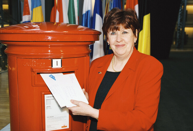 The MEP Eryl Margaret McNALLY posting a letter at the European Parliament of Brussels in December 2000.