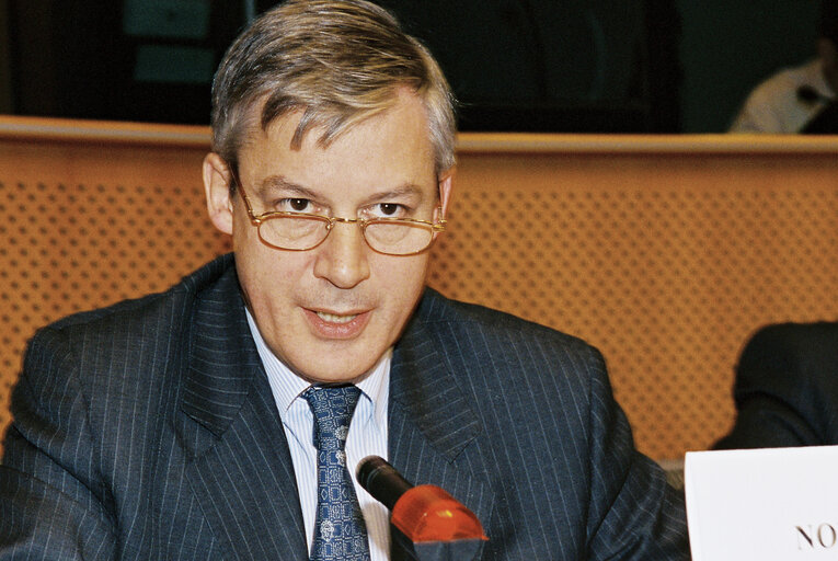 Fotografia 4: The Vice-President of the Executive Board of the European Central Bank during a meeting at the European Parliament of Brussels in May 2001.