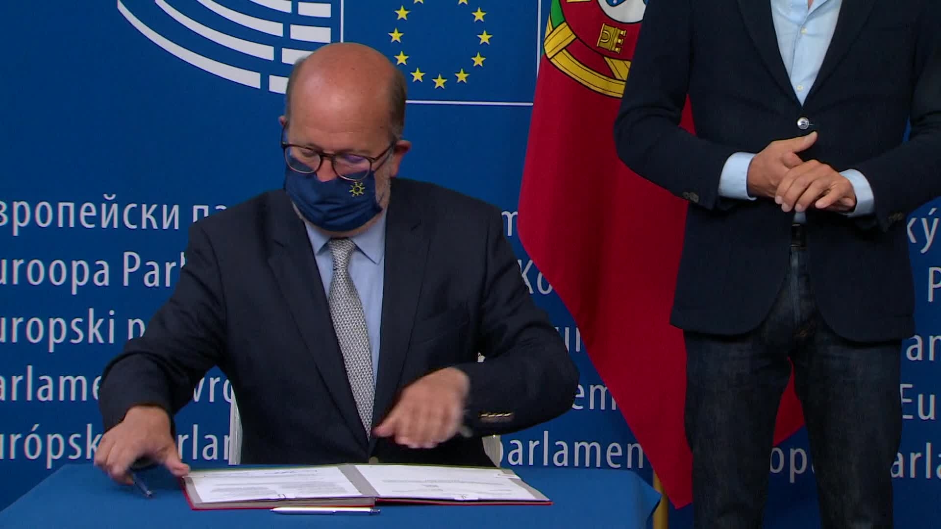 Lex Signing ceremony of the European Climate Law by David SASSOLI, EP President, and João Pedro MATOS FERNANDES on behalf of the Presidency of the Council, in presence of Pascal CANFIN (Renew, FR), ENVI Chair