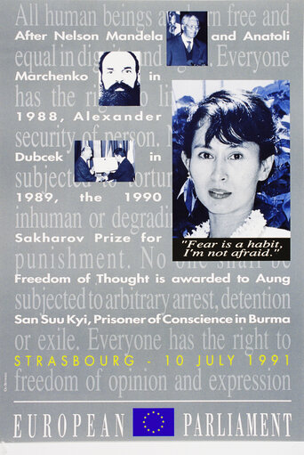 Fotografie 1: Sakharov Prize poster of 1990 awarded to Aung San Suu Kyi