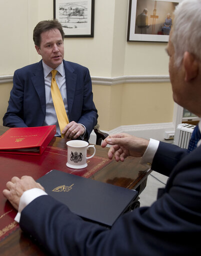 Suriet 3: Jerzy Buzek (R), the president of the European Parliament, meets British Deputy Prime Minister and leader of the Liberal Democrat Party, Nick Clegg, at his office in Whitehall, London, on December 06, 2010.