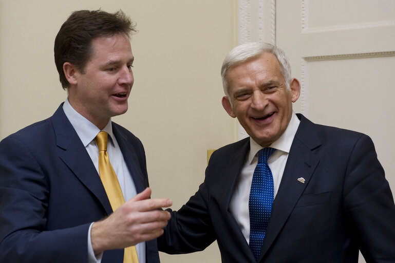 Jerzy Buzek (R), the president of the European Parliament, meets British Deputy Prime Minister and leader of the Liberal Democrat Party, Nick Clegg, at his office in Whitehall, London, on December 06, 2010.