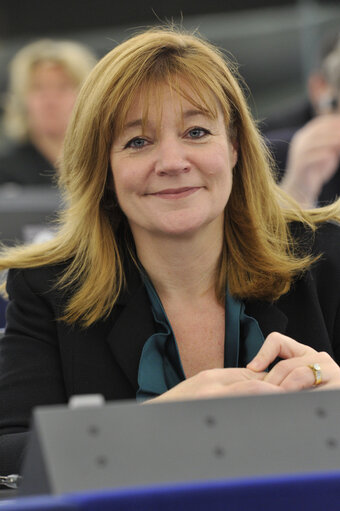 MEP Kay Swinburne poses for a portrait in the hemicycle during a plenary session in Strasbourg