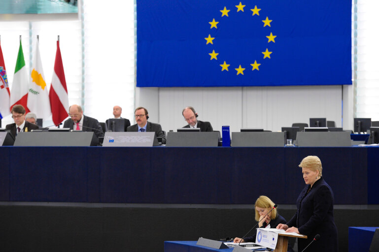 Photo 6: Visit of the President of the Republic of Lithuania in Plenary Session week 03 2014 in Strasbourg