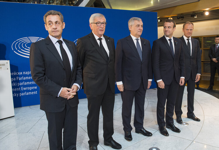 Fotagrafa 32: European Ceremony of Honour for Dr. Helmut KOHL - Nicolas SARKOZY, former President of the French Republic, Jean-Claude JUNCKER, President of the EC, Antonio TAJANI, EP President, Emmanuel MACRON, President of the French Republic, and Donald TUSK, President of the European Council, and  (from left to right)