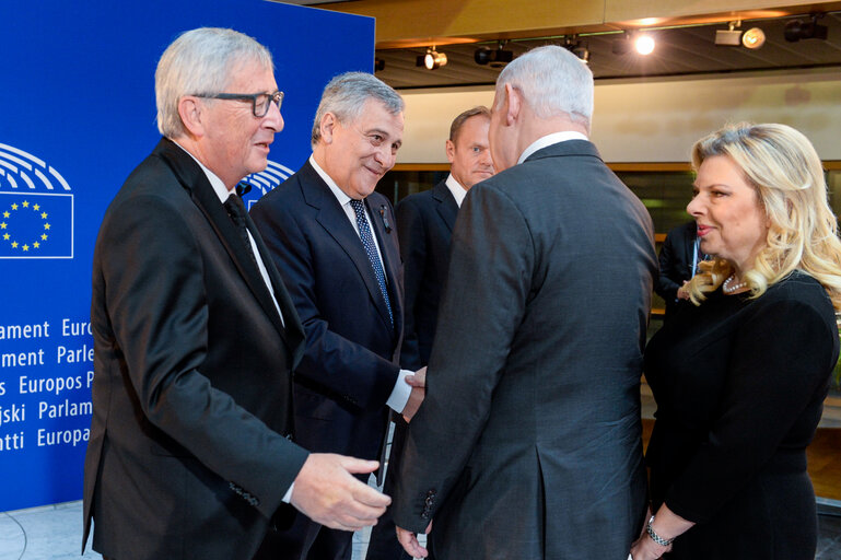 European Ceremony of Honour for Dr. Helmut KOHL - Jean-Claude JUNCKER, President of the EC, Antonio TAJANI, EP President, and Donald TUSK, President of the European Council (from left to right), welcoming Benjamin NETANYAHU, Israeli Prime Minister and his spouse