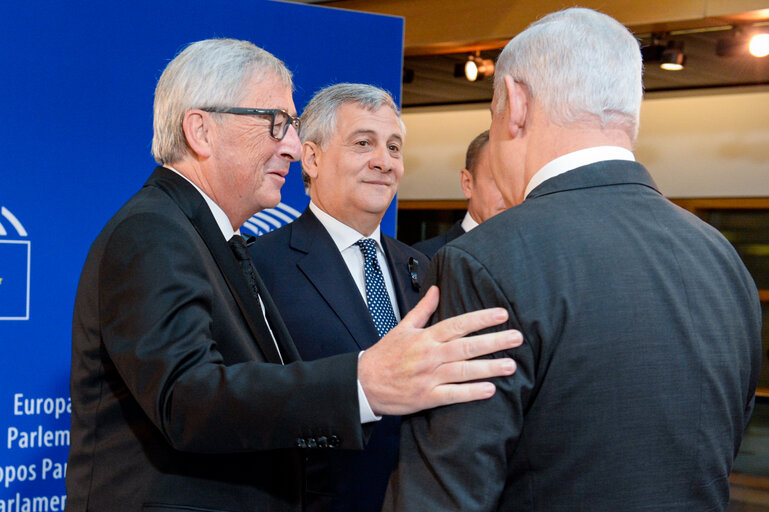 European Ceremony of Honour for Dr. Helmut KOHL - Jean-Claude JUNCKER, President of the EC, Antonio TAJANI, EP President, and Benjamin NETANYAHU, Israeli Prime Minister (from left to right)