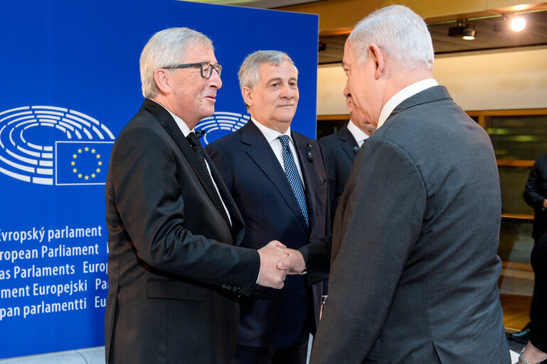 European Ceremony of Honour for Dr. Helmut KOHL - Jean-Claude JUNCKER, President of the EC, Antonio TAJANI, EP President, and Benjamin NETANYAHU, Israeli Prime Minister (from left to right)