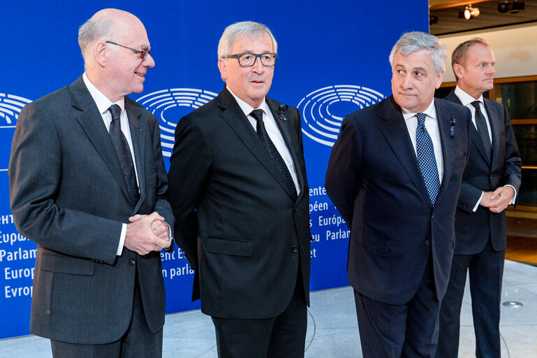 European Ceremony of Honour for Dr. Helmut KOHL - Norbert LAMMERT, President of the German Bundestag, Jean-Claude JUNCKER, President of the EC, Antonio TAJANI, EP President, and Donald TUSK, President of the European Council (from left to right)