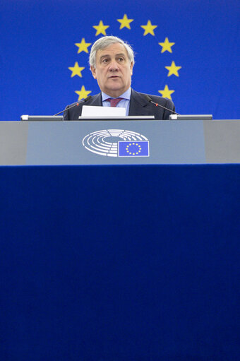 Foto 8: Antonio TAJANI - EP President in plenary session Week 43  2017 in Strasbourg - Conclusions of the European Council meeting of 19 and 20 October 2017