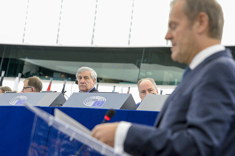 Foto 6: Antonio TAJANI - EP President in plenary session Week 43  2017 in Strasbourg - Conclusions of the European Council meeting of 19 and 20 October 2017