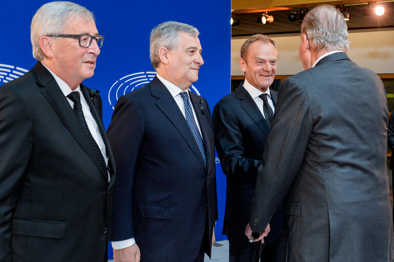 Suriet 32: European Ceremony of Honour for Dr. Helmut KOHL - Jean-Claude JUNCKER, President of the EC, Antonio TAJANI, EP President, Donald TUSK, President of the European Council, and Juan Carlos, former King of Spain (from left to right)