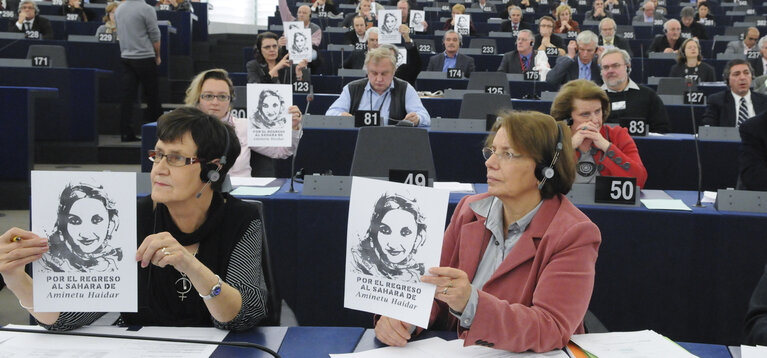 Fotografie 2: Demonstration in support of Aminetu Haidar during the plenary session at the EP in Strasbourg.