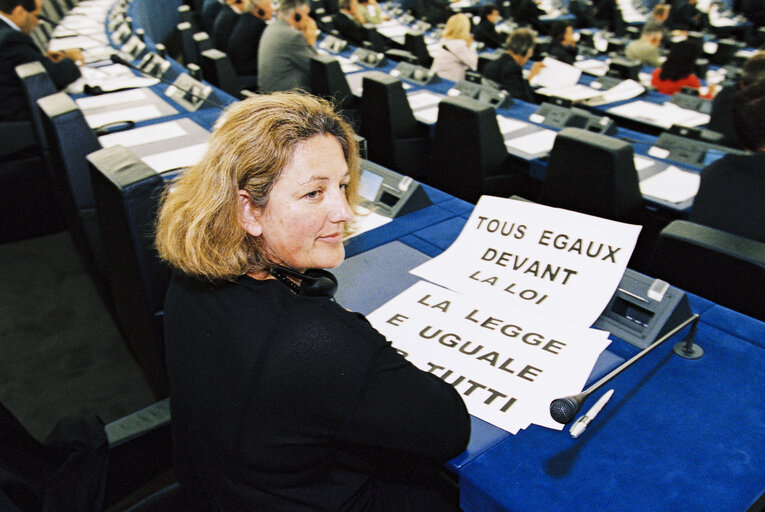 Foto 27: Plenary session in Strasbourg - Statement by Italian Prime Minister to present the programme of the Italian Presidency of the Council - Protest against Silvio Berlusconi